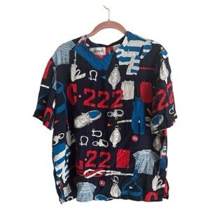 Vintage Galinda 100% Silk short sleeve nautical novelty print boxy  blouse sz S